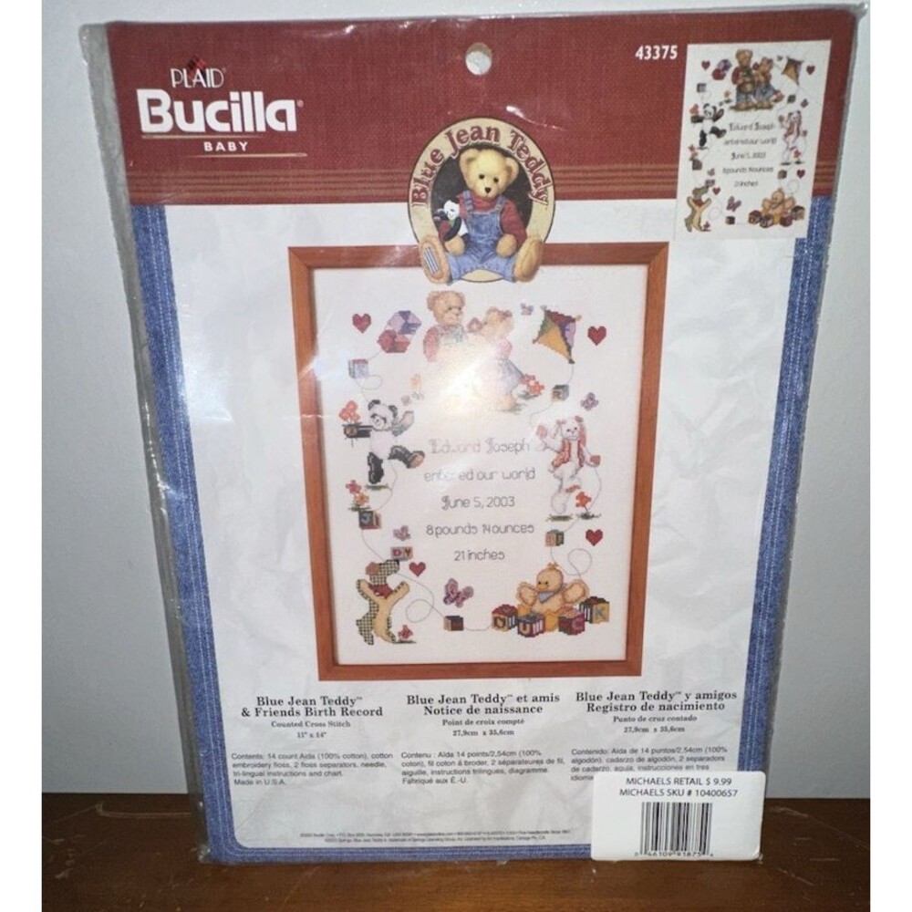 Plaid Bucilla Baby Counted Cross Stitch Kit #43375 Blue Jean Teddy BIRTH RECORD